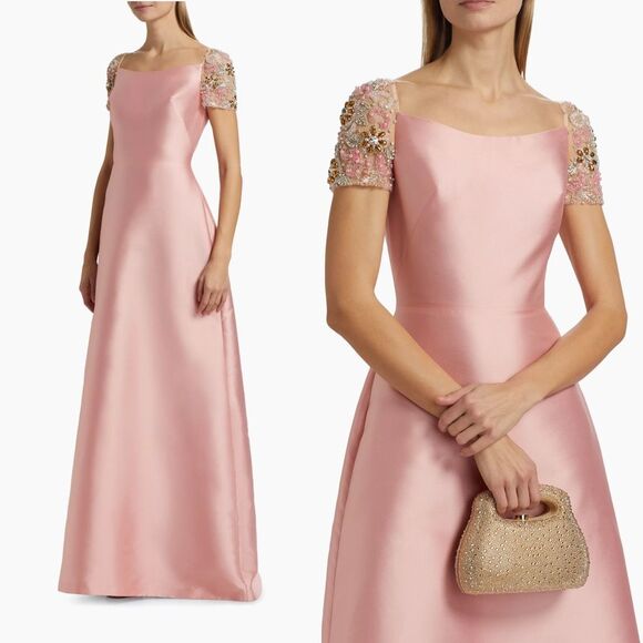 NWT Reem Acra Mikado Soft Kaftan Embroidered Tulle Beaded Sleeve Gown Sz 4 $3200